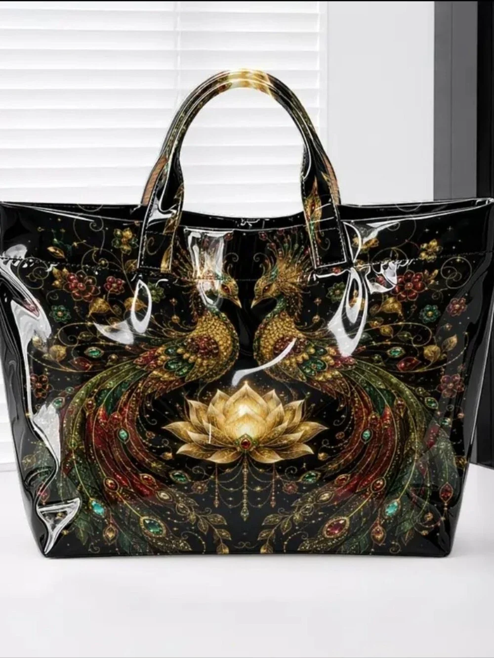 Beauiful Peacock Goolden Lotus Glossy Large PVC Daily Commute Tote Bag
